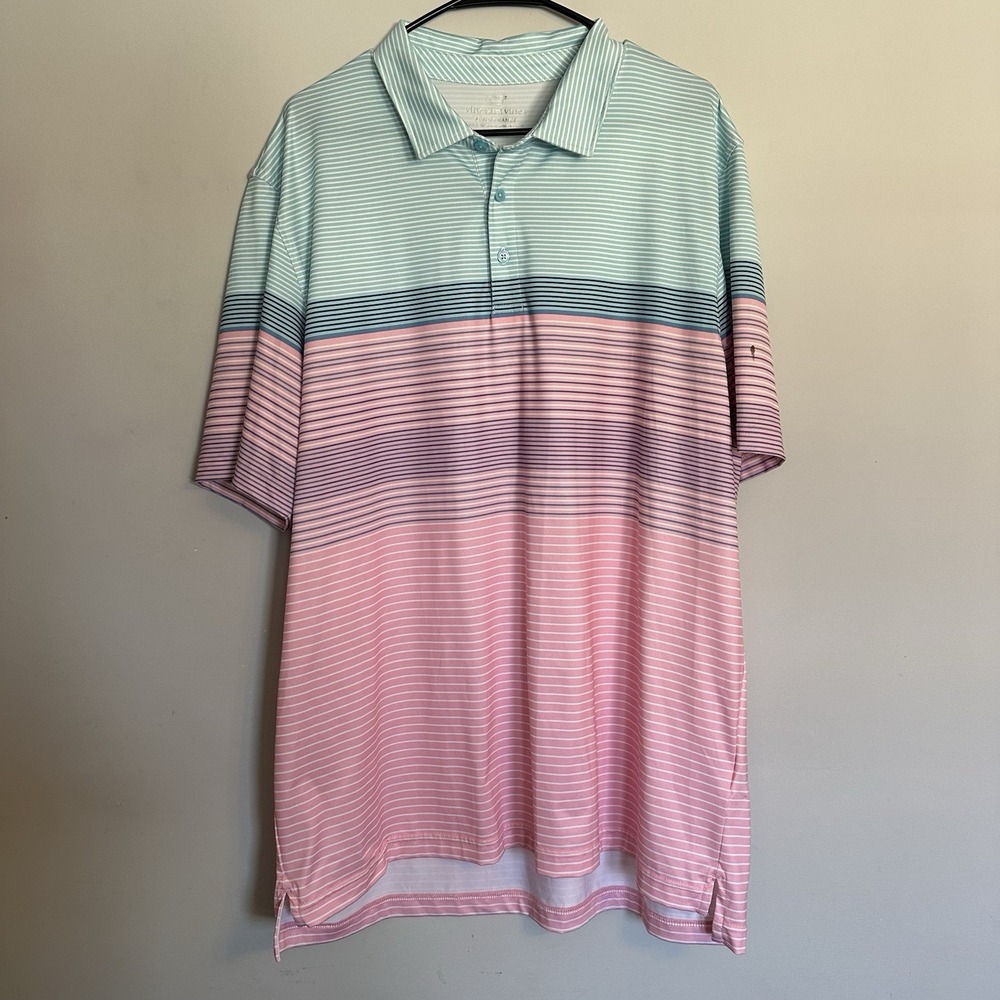 Vineyard Vines Performance Mens XL Polo Shirt Blue Pink Striped Short Sleeve